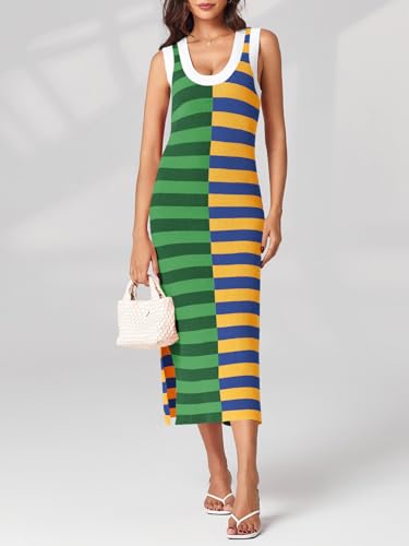 Image of Wenrine Womens Summer Striped Dress Sleeveless Knitted Contrast Color Side Slit Casual Maxi Beach Dress
