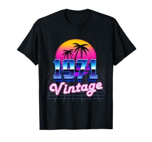 Vintage 1971 Cumpleaños 54 Años 80's Retro Palmera Atardecer Camiseta