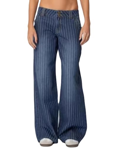 Women's Striped Wide Leg Jeans Mid Waist Stretchy Boyfriend Straight Leg Denim Pants