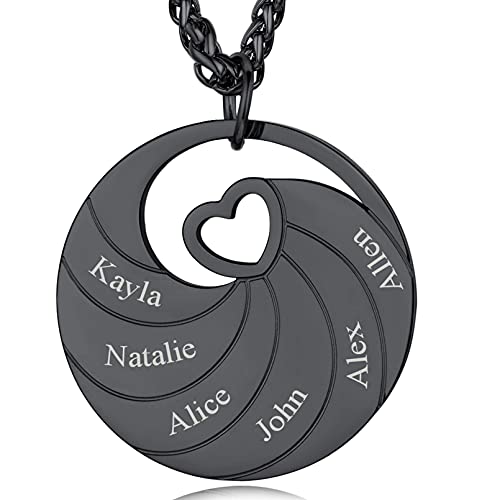 Custom4U Personalized Birthstone Name Necklace - Heart & Round Pendants Sterling Silver & Stainless Steel Family Tree of Life Charm Mother's Day Jewelry Gift for Women Mom Grandma 6-Black-6