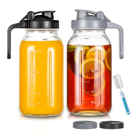 YEBODA 64oz Glass Pitcher with Lid, 2 Quart Mason Jar Pitcher with Pour Spout Lids, Wide Mouth Jar Leakproof Glass Jug, Heavy Duty Container for Water, Juice, Milk, Tea, Iced Coffee, and Drinks 2 Pack