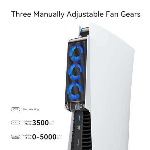 KIWIHOME Cooling Accessories for PS5, Horizontal Cooling Fan for PS5 With Led Light, Upgraded Quiet Cooler Fan With Usb3.0 Hubs, For PS5 Disc And Digital Edition(White)