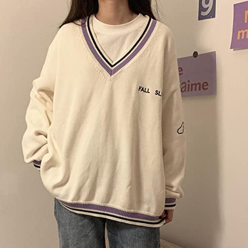 Image of Korean Women's Sweater Academy Style V-Neck Letter Pullover Women's Casual Loose Sweater