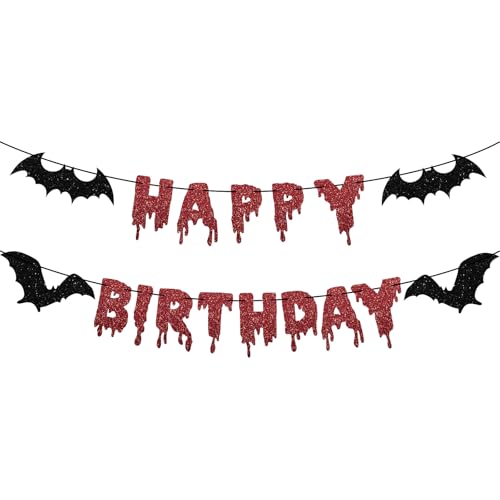 Image of Halloween Red Glitter Happy Birthday Banner Halloween Horror Zombie Birthday Banner Bloody Horror Movie Themed Birthday Photo Backdrop for Wall Home Mantle Office Wall Scary Party Supplies