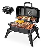ERWEY Barbecue de camping, portable au charbon de bois, de table, 2 en 1, fonction barbecue et four, barbecue pliable avec poignée en bois pour le camping et le jardin, noir