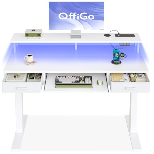 OffiGo Height Adjustable Desk, 120cm Electric Standing Desk with Drawers, Sit stand up Table with Keyboard Tray, Office Table with Sockets and LED Light, Monitor Stand, White