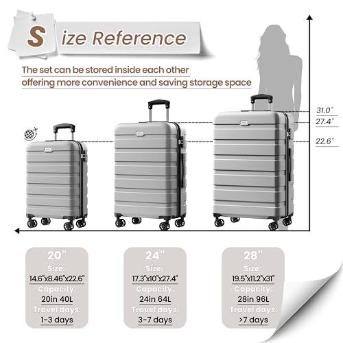 Image of AnyZip Luggage PC ABS Hardside Lightweight Suitcase with 4 Universal Wheels TSA Lock 20 24 28 Inch, Silver, 3 piece set (20 /24 /28), Fashion