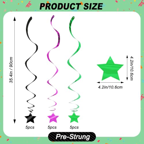 Image of BEISHID Purple Green Black Stars Hanging Swirls Pre-Strung Stars Hanging Decorations for Halloween Monster Truck Birthday Party Baby Shower Decorations Supplies,Pack of 15