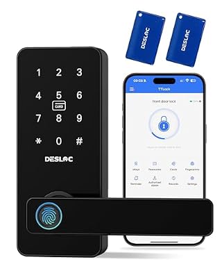 DESLOC B200L Fingerprint Smart Lock with Handle, Keyless Entry Door Locks, App Control, Touchscreen Keypad, 100 PIN Codes, Auto-Lock, 12-Month Battery, Emergency Power Port, IP54 (Black)