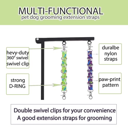 FURSDOLY Dog Grooming Loops Table Supplies 2 Pack Cute Colorful Paw Pattern Restraint Loop Dogs Grooming Arm Extension Double Snap Hooks Extender with 5 D-Rings for Pet Salon & Daily Conveience