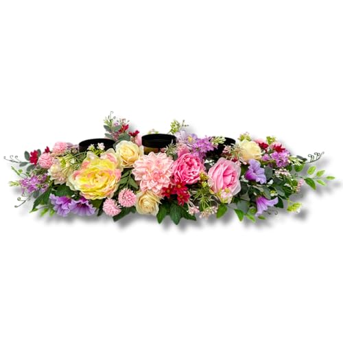 Svndlyn Candle Holder Centerpiece for Table Artificial Peonies Flowers,Rose Flowers and Morning Glory for Wedding Party Table Centerpieces Mixed Flowers Floral Arrangement Home Kitchen Decor