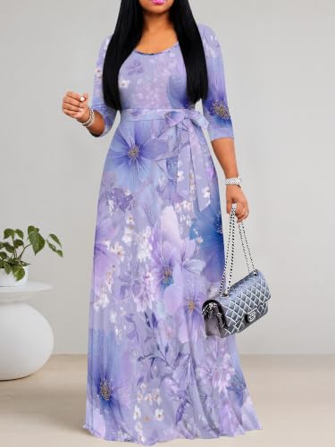 Image of PinkPatty Plus Size Maxi Dress for Women Casual V Neck 3 /4 Sleeve Boho Printed Long Dress with Pockets