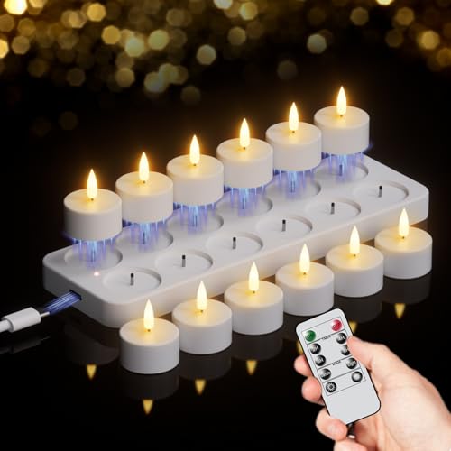 KunSwenn Rechargeable Tea Lights Candles, 12 Pcs Rechargeable Candles with Remote Charging Base, LED Flameless Candles Table Centerpieces for Halloween Fall Decoration