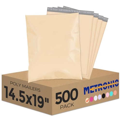 Image of Metronic Poly Mailers 14.5x19 500 Pcs | Medium Size Shipping Bags for Clothes | Large Poly Mailer Bags, Shipping Envelopes, Mailing Bags for Small Business, Strong Adhensive Poly Bags Beige