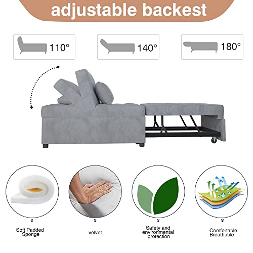 AVZEAR 4 in 1 Sofa Bed, Convertible Sleeper Chair Multi-Function Folding Ottoman Modern Breathable Velvet Guest Bed with Adjustable Sleeper for Small Room Apartment, (Grey)
