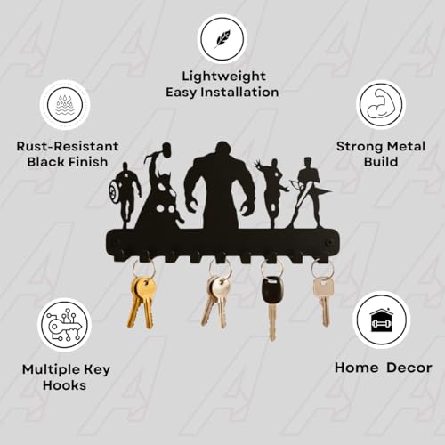 Image of Metal Marvel Avengers Key Holder | Wall Mounted Organizer with 9 Hooks | Decorative Black Powder Coated Key Rack for Entryway, Hallway, Kitchen & Office (25x15 cm)