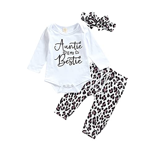 Newborn Baby Girl Clothes Aunties Bestie Clothing Set Long Sleeve Letter Printed Romper Top Long Pants (White, 3-6 Months) #TOP18