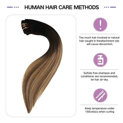 Sindra Clip in Hair Extensions Human Hair,14 Inch 100g 6pcs Ombre Natural Black to Dark Brown Mix Blonde Balayage Clip in Hair Extensions For Fashion Women #1B/4/27,14" - Image 4