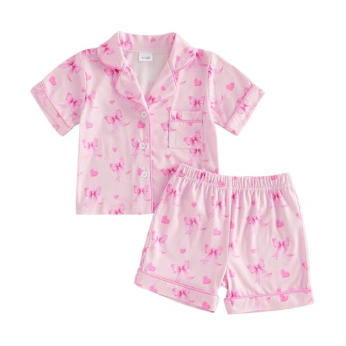 Kuriozud Toddler Baby Girl Pajamas Set Summer Floral Short Sleeve Button Down Shirt Top and Shorts 2pcs Pjs Sets Sleepwear (Bows Pink A 18-24 Months)