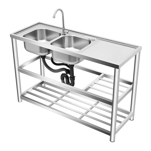 WFIETN Évier autoportant, en acier inoxydable, avec 2 lavabos, avec plan de travail et compartiment de rangement pour une utilisation dans les restaurants, les garages