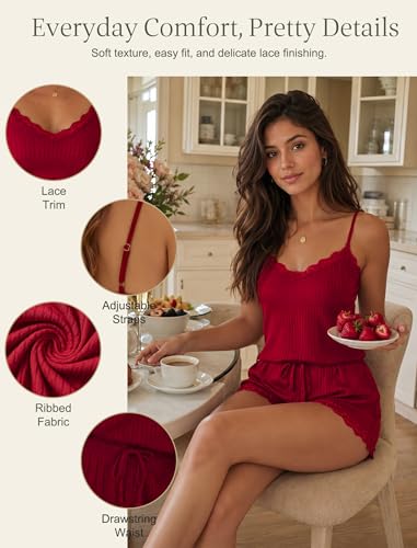 Image of Girece Cami Pajama Set for Women Ribbed Lace Trim 2 Piece Pajamas with Shorts Adjustable Strap Pjs Set Soft Lounge Sleepwear