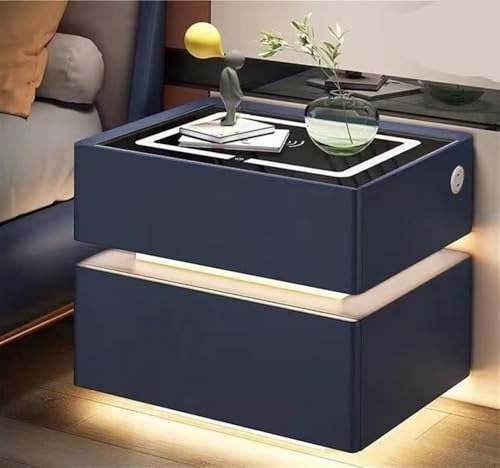 Mesilla de noche , Mesita de noche con estación de carga inalámbrica y puertos USB/Tipo C Mesita de noche con luz LED Mesita de noche moderna con sensor de luz for dormitorio de oficina(Blue,18.9*15.7