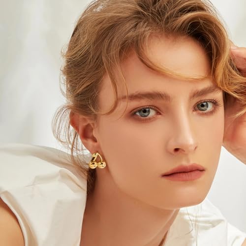 Bow Cherry Earrings For Women 14K Gold Plated Large Cherry Stud Cute Fruit Statement Earrings3