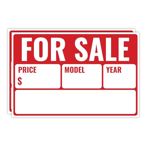 2PC For Sale Sign Car, 12 Inches by 8 Inches - 20 mil Polystyrene Plastic - Car For Sale Signs For Vehicles Window Boat