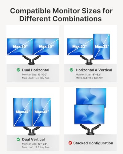 Image of HUANUO FlowLift Dual Monitor Stand, Fully Adjustable Gaming Monitor Desk Mount for 13-32″ Computer Screens, Full Motion VESA 75x75 /100x100 with C-Clamp & Grommet Base, Each Arm Holds 4.4 to 19.8 lbs