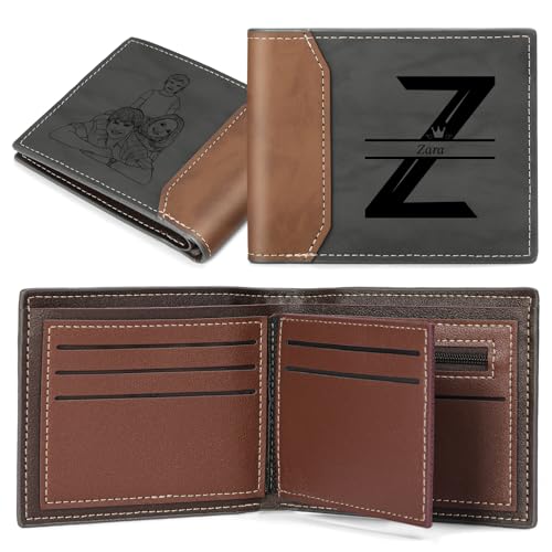 Custom Wallets for Men, Personalized Mens Wallet with Engraved Picture & Name Leather Bifold Wallet Personalized Gifts for Men Father Friend (Brown)