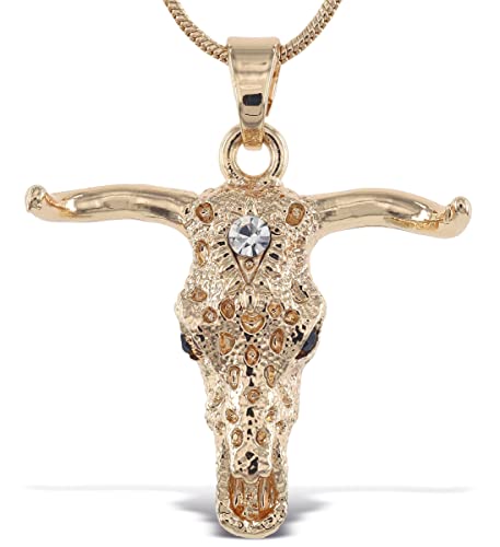 Gold Longhorn Sparkling Crystal Pendant Necklace - Cute Necklace with Longhorn Skull Head Sparkly Jewelry, Elegant Gold Charm Necklace - 18 Inches
