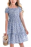 Poploli Girls Summer Dress Kids Floral Square Neck Puff Sleeve A-Line Midi Dresses Blue