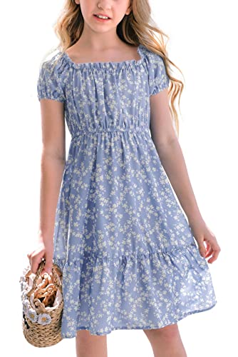 Poploli Girls Summer Dress Kids Floral Square Neck Puff Sleeve A-Line Midi Dresses Blue