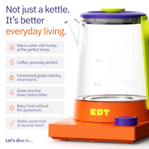 Image of EDT Flow Pureglass Electric Kettle 1 Litre with Precision Temperature Control ±1C and Multipurpose Hot Water Presets for Coffee, Tea, Boil, Warm Water | 700W | Rubik