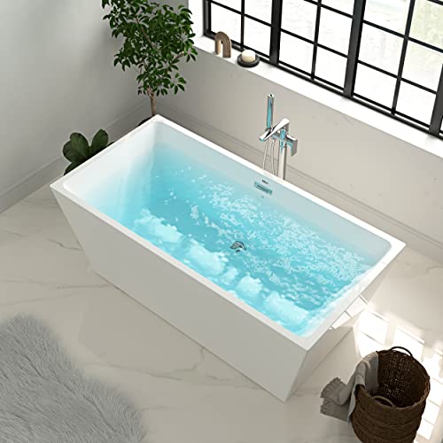 Ferdy Palawan 59" Acrylic Freestanding Bathtub, Rectangle Contemporary Design Freestanding Soaking Bathtub, Glossy White, Cupc Certified, Chrome Drain And Classic Slotted Overflow Included, 02532 #TOP2