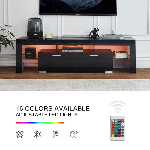 Nrizc LED TV Stand 60-75 inch, Modern Entertainment Center for Living Room, Black TV Console with 2 Drawers, Wooden TV Cabinet with Stroage - Image 4
