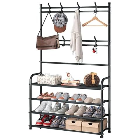 WEECRON Coat Rack Shoe Rack Freestanding Shoe Organizer with Hooks for Entryway Bedroom Closet, 4 Tier Black Cover