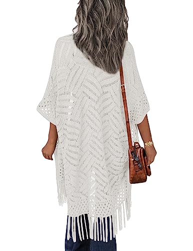Image of HOTOUCH Womens Knit Cardigan Hollow Out Crochet Lightweight Kimonos Sweater | Open Front Cardigans with Tassel, Short Sleeve Boho Cardigan Sweaters, Beach Coverups, Spring Summer Clothes, Vacation Outfit