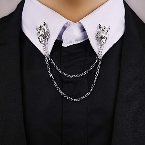 2PCS Wolf Head Long Collar Chain Brooch.Gold Silver Chain Tassel Brooch Pin,Punk Cool Animal Head Collar Coat Pin for Men's Suits Shirt Pin4