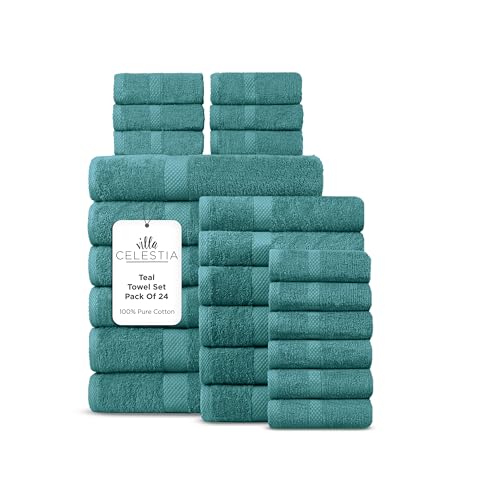 Image of Villa Celestia 24-Piece 100% Cotton Towel Set, 6 Bath Towels, 6 Hand Towels, 12 Wash Cloth, Quick-Dry, Teal