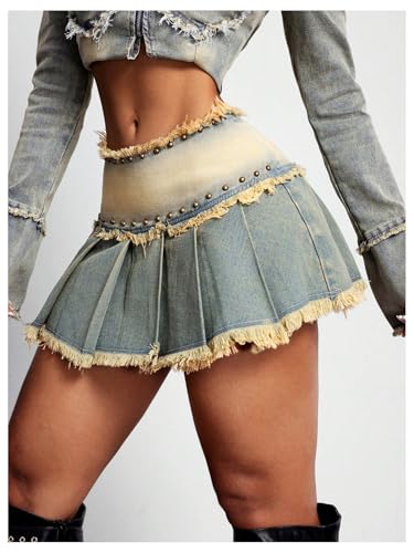 MakeMeChic Women's Pleated Jean Skirts Raw Hem Studded Zipper Y2K Mini Denim Skirt3