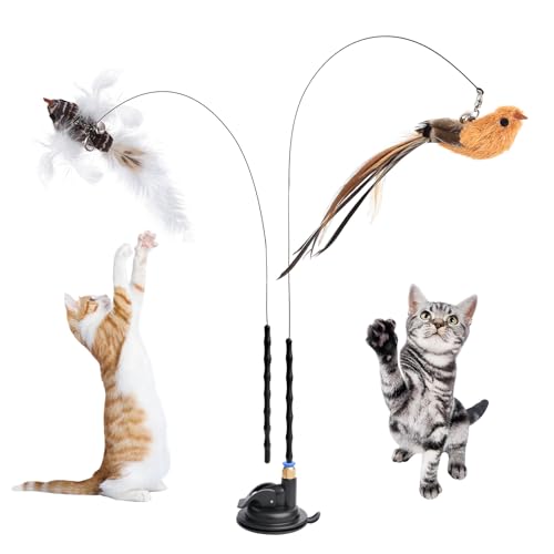 5 Pcs Interactive Cat Feather Toys Interactive Cat Toys for Indoor Cats Bird Simulation Cats Feathers Fishing Pole Toy Kit with Suction Base & Replacement Birds for Outdoor Indoor Kitten Playing