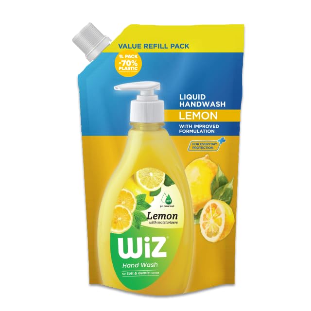 Image of Wiz Lemon Hand Wash Refill Pouch - 1L | pH Balanced | 70% Less Plastic | Zesty Lemon Freshness | Germ Protection | Gentle & Moisturizing Formula