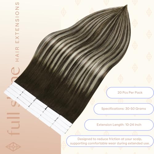 Image of Full Shine Tape in Extensions, Dark Brown Ash Blonde Ombre 14 Inch | 50g 20PCS, Straight Invisible Tape Ins Human Hair Extensions, Seamless Skin Weft Soft Finish for Daily Natural Styling