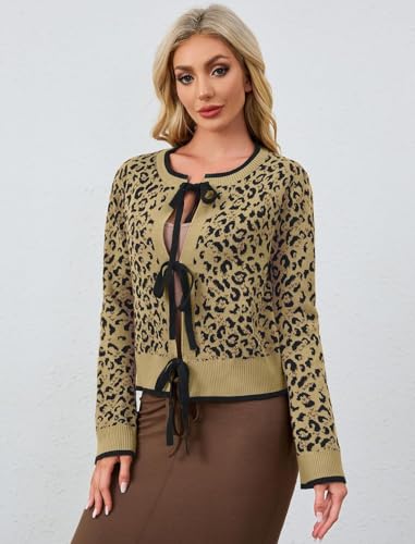 Image of Womens Loose Fit Leopard Print Cardigan Sweater Casual Long Sleeve Crewneck Tie Front Open Front Sweater Tops Apricot