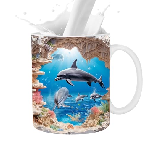 Taza de café con delfines 3D,Tazas lindas Taza de delfín pintada plana 3D Cerámica - Novedad decoración de delfines, 11 oz, para amantes del té con leche y café, tazas de cerámica para mujeres y hombr