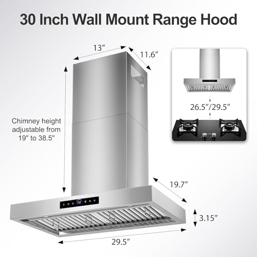 Image of 30 inch Wall Mount Range Hood, 1200 CFM with 4-Speed Gesture Sensing & Touch Control, Stainless Steel Ducted Kitchen Stove Vent Hoods with 2 LED Lights, Time Setting, Dishwasher-Safe Baffle Filters