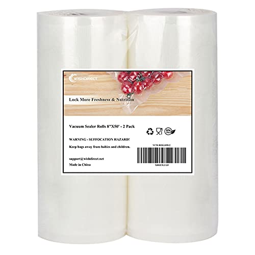 WishDirect Vacuum Sealer Bags Rolls (2-Pack), 8” X 50’ Heavy Duty Commercial Grade Embossed Bags for Food Preservation Freezer Sous Vide Cooking(100 Feet Total)