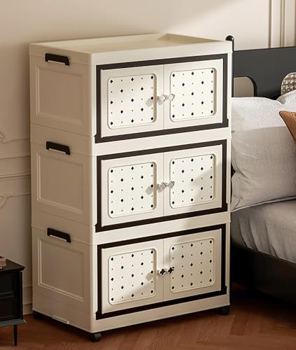 Image of House of Quirk Multifunctional Folding Storage Box Cabinet with Doors and Wheels - Space-Saving Storage for Clothes, Toys, and More - Ideal Mother and Child Clothing Organizer (3 Layer, 65cm)