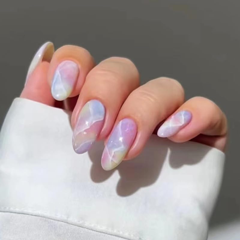 Sunburst Mart Press-On Nails, Almond Shape, Watercolour Pastel Design, Iridescent Finish, Medium Length-picture-14